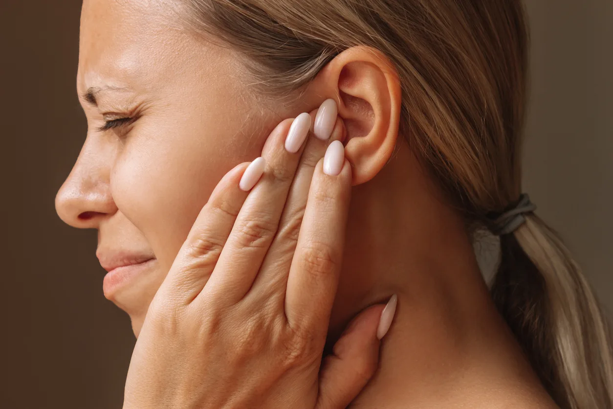 Woman holding ear due to ringing from Tinnitus